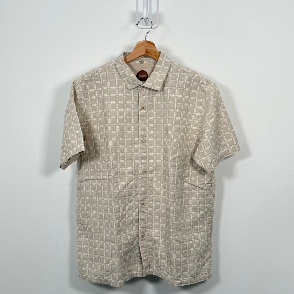 Common People Button Shirt Mens Large Beige Textured Grid Cotton Short Sleeve